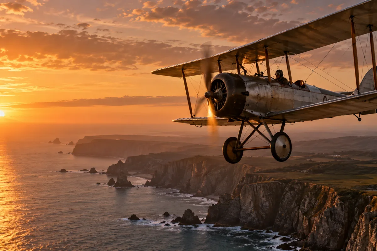 A vintage biplane above golden clouds