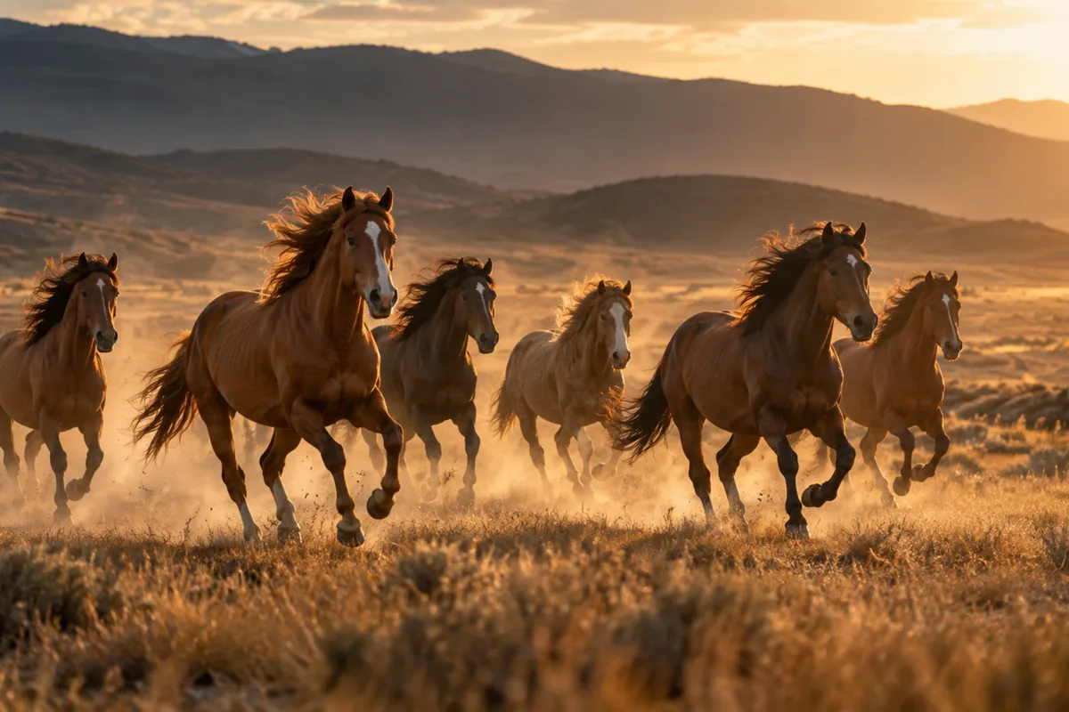 Wild horses crossing a sunlit river